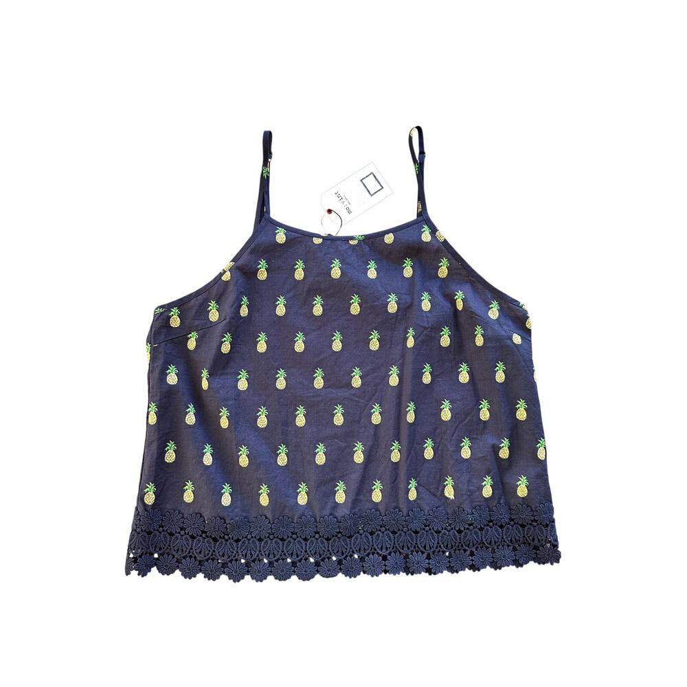 Mo:Vint New York NWT Pineapple Print Tank Top Cotton Crochet Lace Hem Cami Large